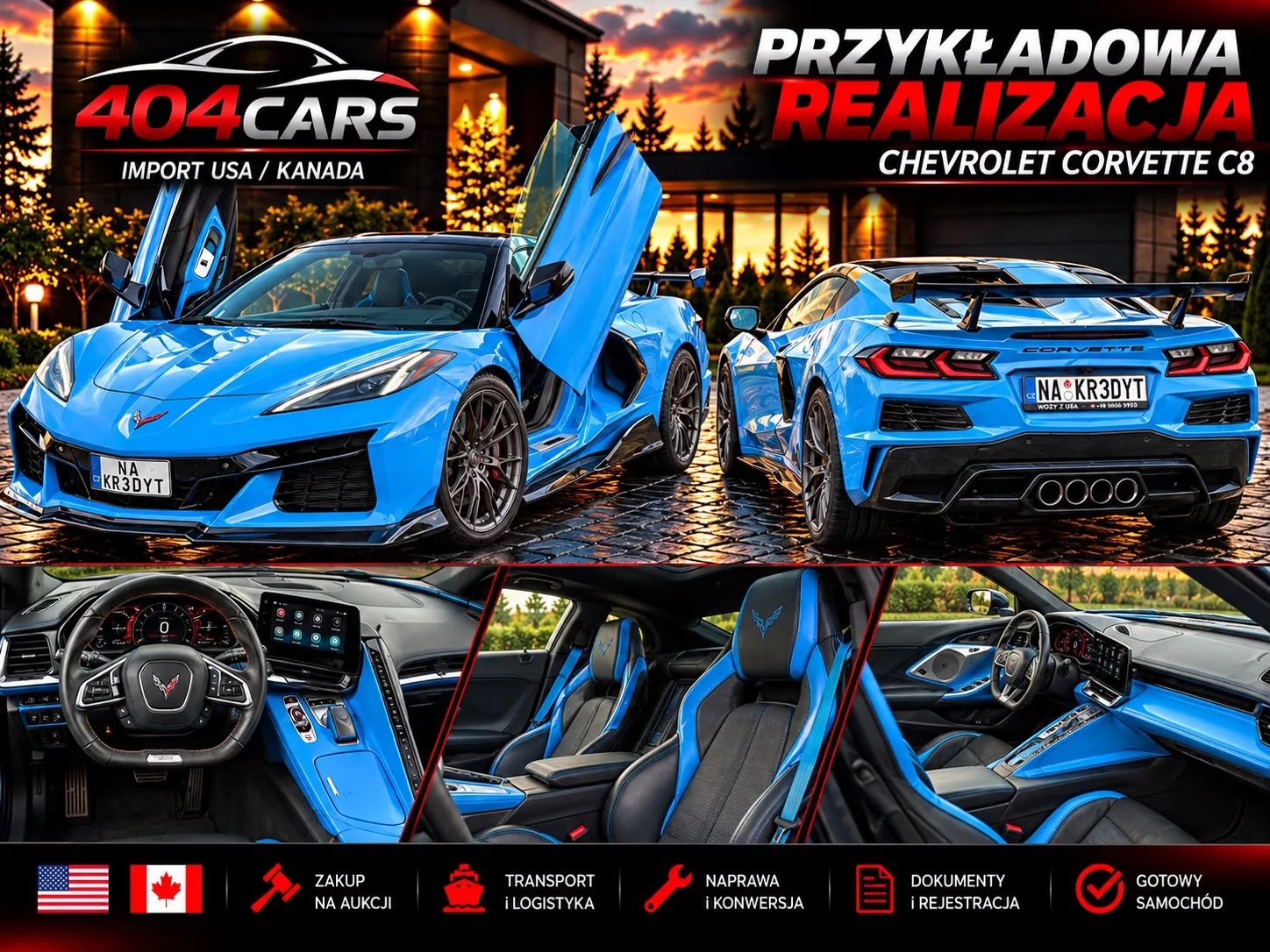 Niebieska Chevrolet Corvette C8 — materiał realizacji 404 CARS